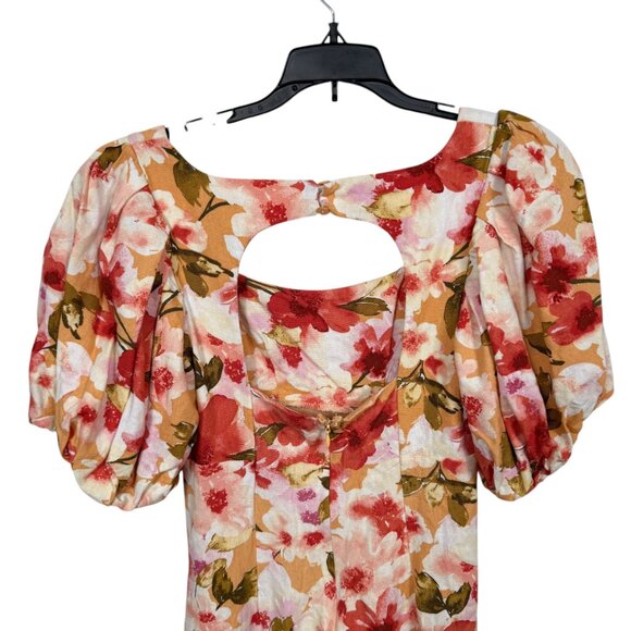 Moon River Linen Blend Midi Dress Small Orange Multicolor Floral Puff Sleeve - Picture 6 of 10